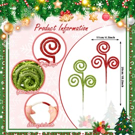 Kasyat 50 Pcs Red Green Christmas Tree Picks 12" Candy Shape Spiral Glitter Sticks Branches Xmas Curly Picks Artificial Stems Pick Ornaments for Tree Topper Craft Wreath Vase Filler Home Decor