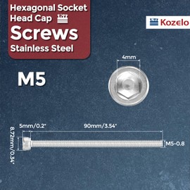 Kozelo 6pcs Socket Head Cap Screws - [M5-0.8 x 90mm] 304 Stainless Steel Allen Socket Drive for Electrical Motor 3D Printing Fan Engine Replacement Use, Silver