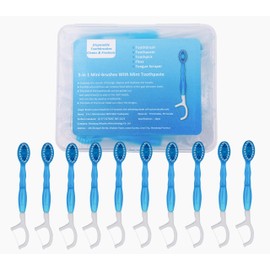 LAUDAWSUN 5 in 1 Disposable Mini Travel Toothbrush with Toothpaste Tongue Scraper Picks Floss, On The Go Toothbrush, Prepasted Mini Toothbrush Set (10 Pack)