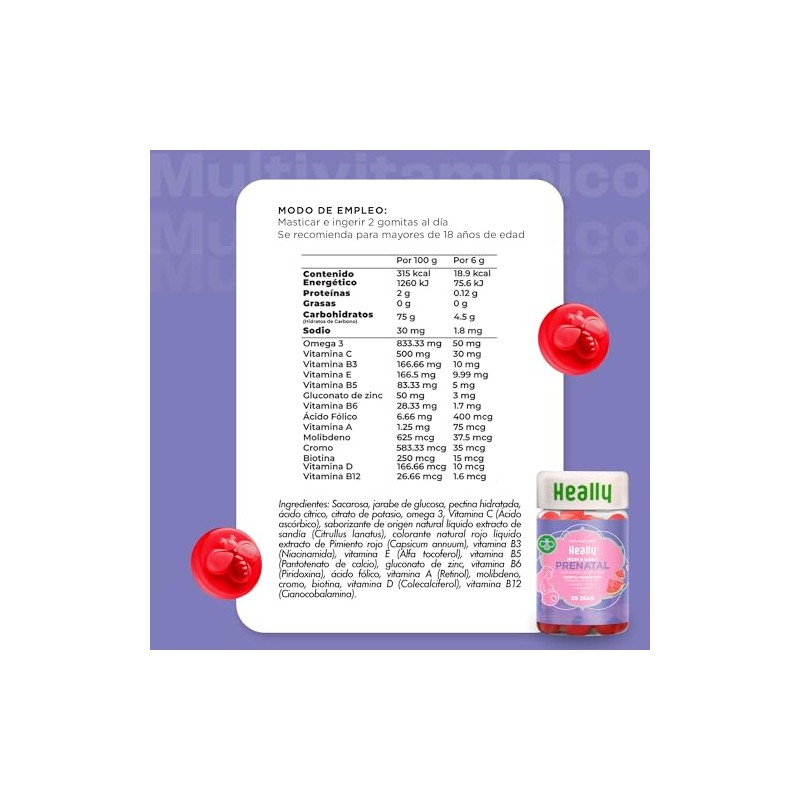Heally Gomitas Prenatales Ácido Fólico Mujer Omega Zinc Vitaminas Multivitaminico