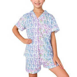Zelbuck Girls Preppy Clothes, Kids Piece Button Down Monkey Beach Shorts Set Holiday Vacation Y2k Loungewear Pjs(Multi, 8-9 Years)