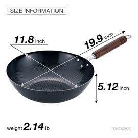 Wok pan Induction NonStick Cooker 11.8inch - Iron Embossed Surface Wood Handle Made in Japan