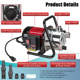Water Transfer Garden Pump, 1.6 HP 1000GPH Portable Electric Shallow Well Jet Pump, Stainless Steel Sprinkler Pressure Booster Pump for Pool Draining, Lawn Fountain, Irrigation, Water Removal