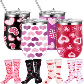 Layhit 8 Pcs Valentine's Day Gifts 12 oz Heart Print Tumbler Cups and Heart Socks Stainless Steel Mug Tumbler with Lids Straw Brush Socks for Valentine Wedding Party(Lovely Style)
