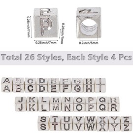 SUNNYCLUE 1 Box 104 Pieces 26 Styles Silver Letter Beads Square Alphabet Beads Set Metal Alloy Cube A to B Charm Large Hole Loose Spacer Beads for Jewellery Making Necklace