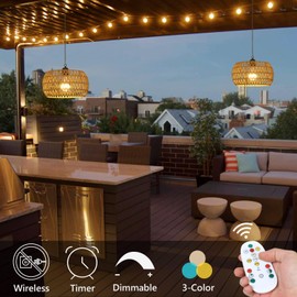 Eayaya Battery Operated Chandelier with Remote, 11.8” Rattan Battery Powered Hanging Light for Porch, Rechargeable Outdoor Chandelier for Gazebo, Boho Cordless Pendant Light for Indoor Outdoor Patio