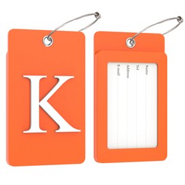 Gostwo 2 Pack Luggage Tags for Suitcases, 26 Initial Letter Travel Luggage Baggage Identification Labels ID Tag Fully Bendable Tags with Stainless Steel Loop (Orange) (Letter K)
