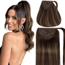 Caliee Real Hair Ponytail Extension Soft 20Inch Long Straight Ponytail Extension Wrap Around Ponytail Human Hair R2-2-6A Rooted Dark Brown to Light Chestnut Brown Pony Tails for Adults Women 90G