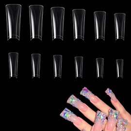 Pavike Nail Tips Clear (504 Pieces) Curved Nail Tips, Duck Nail Tips, Long Shape Nail Parts, 12 Different Sizes, Storage Case Included, Suitable for DIY Nail Extension and Nail Practice