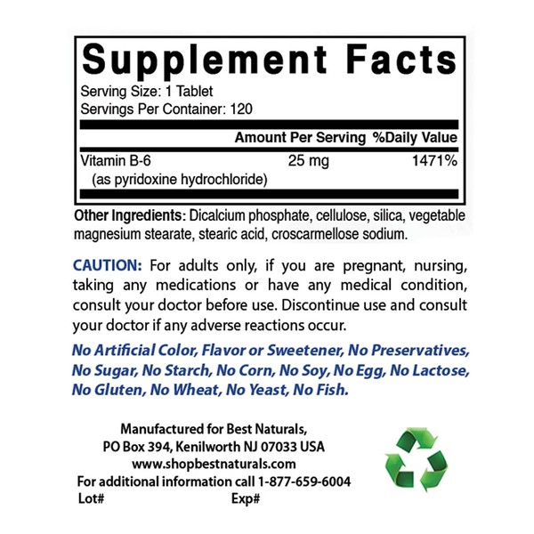 Best Naturals Best Naturals Vitamin B6 25mg, 120 Tablets (120