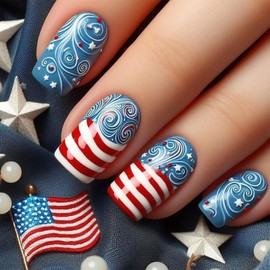 Independence Day Press on Nails Medium French Tip Fake Nails Red White & Blue Coffin False Manicure with Swirls and Stars pattern Full Cover Patriotic Acrylic Manicure for Women 24 Pcs