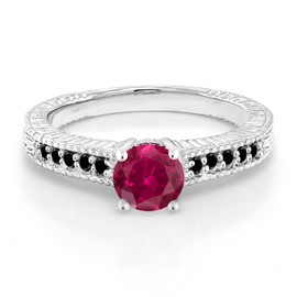 Gem Stone King 925 Sterling Silver Red Created Ruby and Black Diamond Women Engagement Ring (1.17 Ct Round) (Size 5)