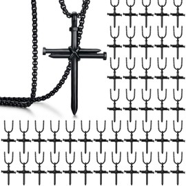 Liliaafar 48 Pcs Christian Cross Necklace for Men Stainless Steel 24 Inch Nail Cross Chain Religious Christian Gift for Men Women (Black)