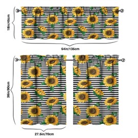 Sunflower Kitchen Curtains Valances and Tiers Set for Windows, Vintage Bathroom Window Curtain Valance 3 Piece Sets,Kitchen Decor for Living Room,54''x 36''