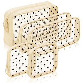 Sinzip 5 Pieces Mini Zipper Nylon Mesh Pouch, Mesh Cosmetic Bags Makeup Bags, Multipurpose Travel Toiletry Bags for Office Supplies and Travel Accessories (Heart Print-Beige, Assorted Sizes)