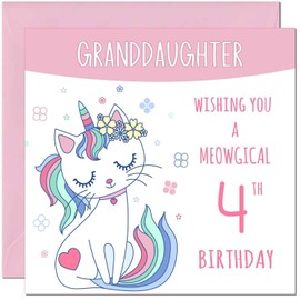 4th Granddaughter Birthday Card - Meowgical Funny Cat Birthday Card for 4 Year old Kids four, fourth