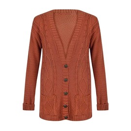 Purple Hanger New Women’s Ladies Long Sleeve Button, Front Pocket Chunky Aran Cable Knit Grandad Cardigan Boyfriend Jumpers, Sweater Plus Size 8-26 (24-26, Rust)