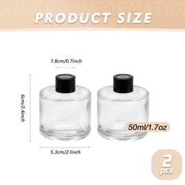 2 Pcs 50ml/1.7oz Clear Round Empty Glass Diffuser Bottles Jars Containers Fragrance Accessories with Black Lid for Bedroom Living Room Office Aromatherapy Oil