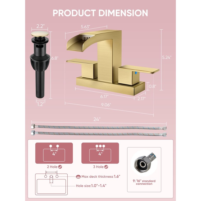 Cobbe Waterfall Bathroom Faucets 3 Hole, Brushed Gold Bathroom Sink