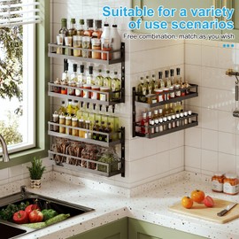 X-cosrack 6-Tier Wall-Mounted Spice Rack Organizer with Mixed Basket Sizes, Height-Adjustable Hanging Spice Shelf for Kitchen Pantry Cabinet, Large-Capacity Seasoning Holder, Black