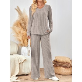 LILLUSORY Lounge Sets for Women 2 Piece Cute Long Sleeve V Neck Tops Pajama Pants Pjs Sets Sleepwears Fall Clothes Outfits Beige L