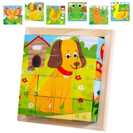 Wooden Cube Puzzle, Wooden Picture Cube, 3D Picture Cube Puzzle Games, Cube Puzzle Games, 6-in-1 Animal Motifs for Children from 2 3 4 Years, Wooden Puzzle Montessori Toy Boys Girls