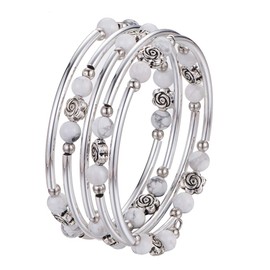 BULINLIN Wrap Bangle Rose Bead Bracelet - Beaded Bracelet with Natural Agate Stone Gifts For Women(01-Howlite)