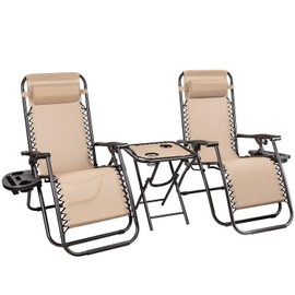 Homall 3 Pcs Zero Gravity Chair Patio Folding Recliner Outdoor Chaise Lounge Chairs Portable Reclining Chair Set with Side Table (Beige)