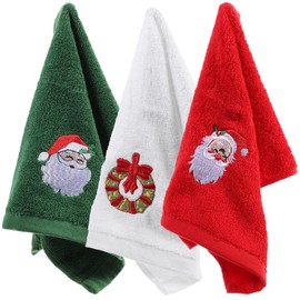 Cabilock 3 x Christmas hand towels, decorative tea towels, embroidered holiday bath towel, face towel, tea towels, party favour, gift for bathroom, kitchen (red, green, white).
