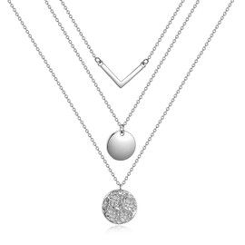 YAFEINI 925 Sterling Silver Layered Necklace Multilayer Dainty Coin Circle Pendant Triple Layering Necklace Jewelry Gifts for Women