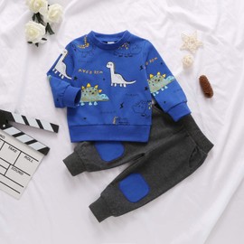 Geagodelia Baby Boy Clothes Outfits Fall Winter Dinosaur Print Tracksuit Long Sleeve Sweatshirt Trouser Sets (C Blue, 3-4 Years)