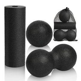 LOPHE 3 Pcs Massage Ball Set, Muscle Massage Foam Roller, Peanut Ball Massage The Fascia, Double Lacrosse Ball, Self Massage Ball with Storage Bag, Relieve Body and Foot Muscle Tension (Black)