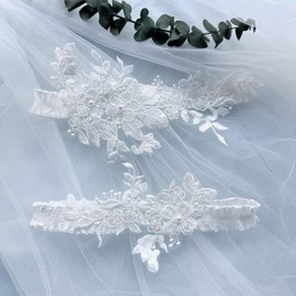 Yunyuebridal - Juego de ligas de encaje para novias, encaje floral con perlas, elástico para novias, 2 piezas, Blanco, Talla única