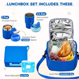 Lunch Box Set with Bento Box Container, 17OZ Stainless Steel Food Soup Thermo, Kids Water Bottle & Portable Insulated Lunch Bag – Leakproof, Hot/Cold Retention for School, Travel(Blue)