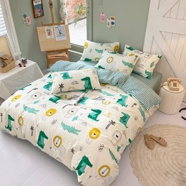 100% Cotton Duvet Cover Single Size Kids Boys Girls Cartoon Crocodile Lion Bedding Set Animal Theme Quilt Cover Set Green All Season Bedding Set, 135×200 cm