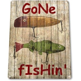 Fashionable Gone Fishing Fishing Boat Bait Lures Rustic Fish Decor Retro Decorative Metal Tin Sign Iron Painting 8X12 Inch