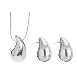 QueenBee Silver Tear Drop Necklace and Earrings Set, Trendy Water Drop Silver for Women, Chunky Stylish Jewelry, Gift for Valentine's Day, Mother's Day, Birthday, Anniversary, Bridesmaids, Holiday Gifts