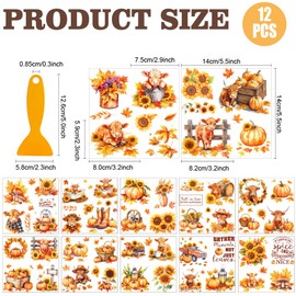 AHANDMAKER 12 Sheets Rub On Transfer Stickers with Scraper, Rustic Cow Stickers, Pumpkin and Sunflower Transfer Window Paper for Home Bookstore, Window Decoration, 5.5x5.5