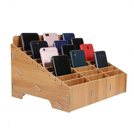 Cabilock 30 Grid Wooden Mobile Phone Storage Box Cell Phone Holder Organizer for Classroom Office Desk with Multiple Slots