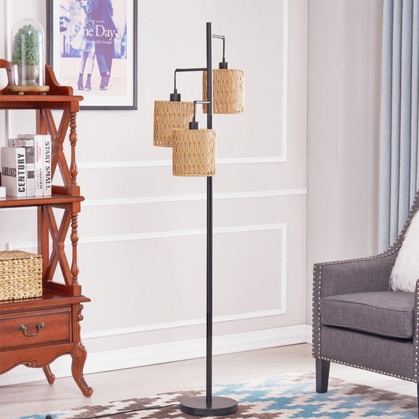 Maxax Rattan Floor Lamp, 3 Lights Farmhouse Tree Standing Lamp with Wood Rattan Shades, Multi Head Vintage Tall Pole Lamp for Bedroom Living Room, Office - 65 Inches