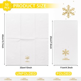 WELLIFE 50 Pcs Christmas Paper Napkins, 3 Ply Disposable Hand Towels for Bathroom Gold Xmas Snowflake Guests Towel White Christmas Dinner Napkins Decorative for Party Holiday Kitchen Table