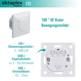 Oktaplex Fairy Set of 2 Motion Detectors Flush-Mounted 180° High Frequency Sensor 5-15 m Range 230 V Cavity Wall Socket White with Twilight Sensor