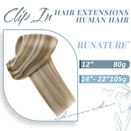 RUNATURE Human Hair Extensions Ash Brown Highlight Blonde Clip in Hair Extensions Real Human Hair Blonde 10 Inch 80 Gram 7pcs