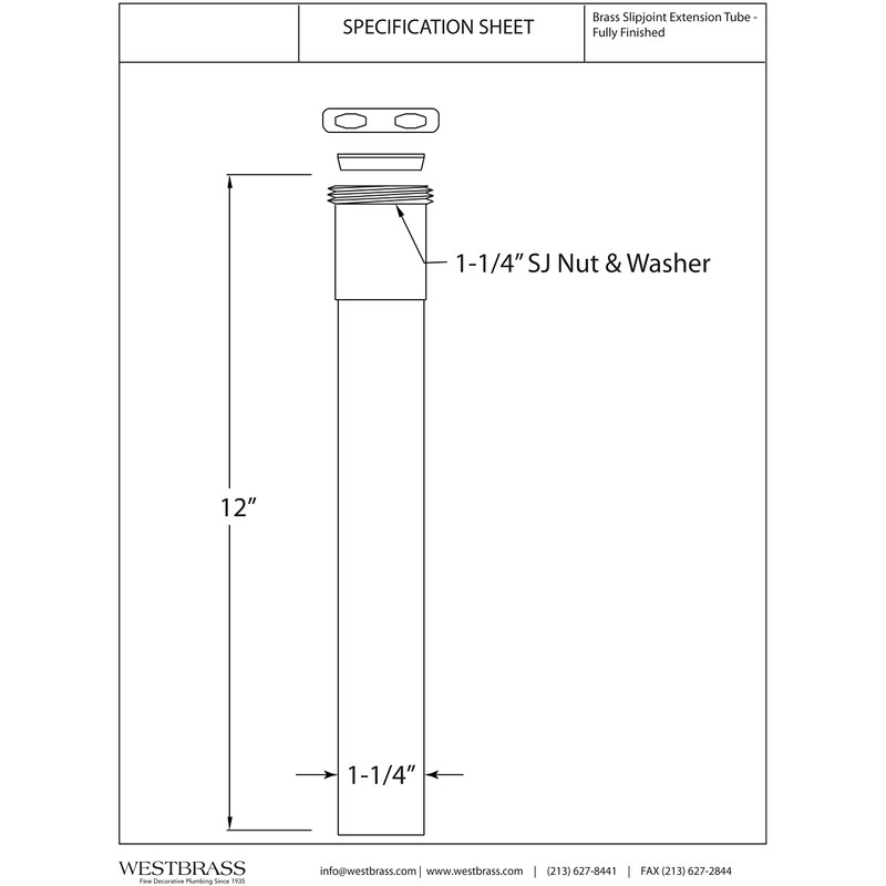 Westbrass A421-62 1-1/4" x 12" Slip Joint Extension Tube, Matte