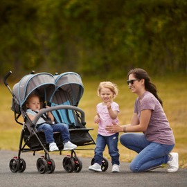 Dream On Me Volgo Twin Baby Stroller, Lightweight Side-by-Side Double Umbrella Stroller with Adjustable Canopy, 5-Point Harness, Storage Basket & Travel-Friendly Fold – Blue and Dark Grey