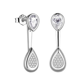 Double Pear Shape Cubic Zirconia Ear Jacket Earrings for Women 925 Sterling Silver Front Back Earrings Teardrop Earrings Ear Jacket Cuff Earrings Set Graduation Gift for Daughter Birthday Gifts FE212W