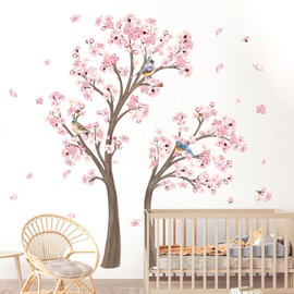 decalmile Large Cherry Blossom Tree Wall Decals Pink Flower Tree Branch Wall Stickers Living Room Bedroom Baby Nursery Wall Decor
