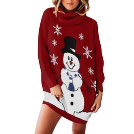 Viottiset Women’s Long-Sleeve Oversized Chunky Knit Jumper Dress with Turtleneck, red, xl