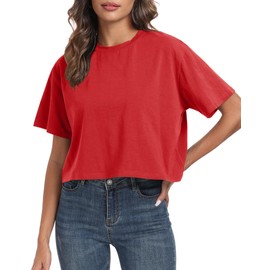 PRIMODA Women's Oversized Workout Christmas Red Cropped T Shirts Crew Neck Short Sleeve Casual Loose Summer Crop Tee Tops Cotton, L
