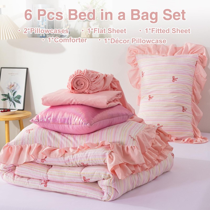 A Nice Night Rainbow Stripes & Bows Bedding Set,Ruffle 6